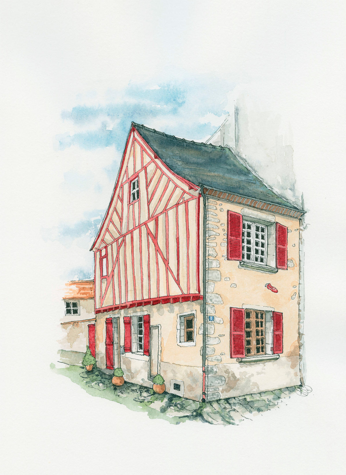 Watercolour - The Clog House, Boussac, France, Watercolour and Ink style print