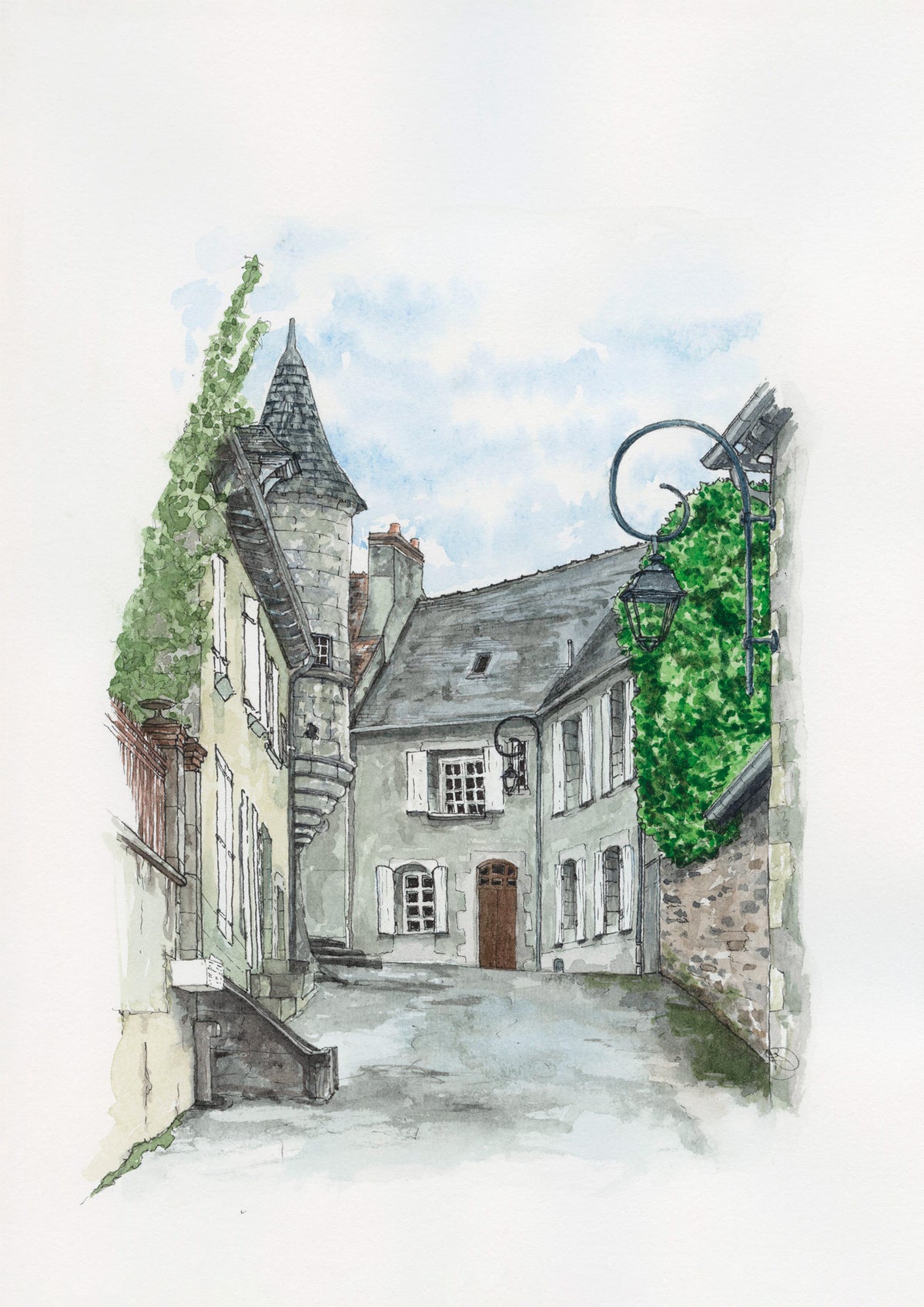 Watercolour -The Turret House, Boussac, France, Watercolour and Ink style print