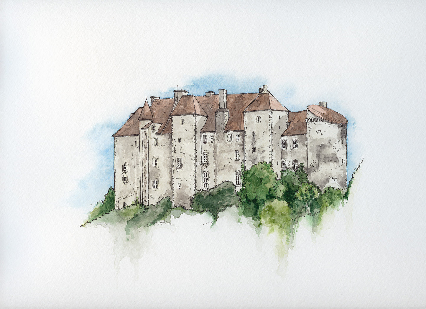 Watercolour - Le Chateau de Boussac, France, Print