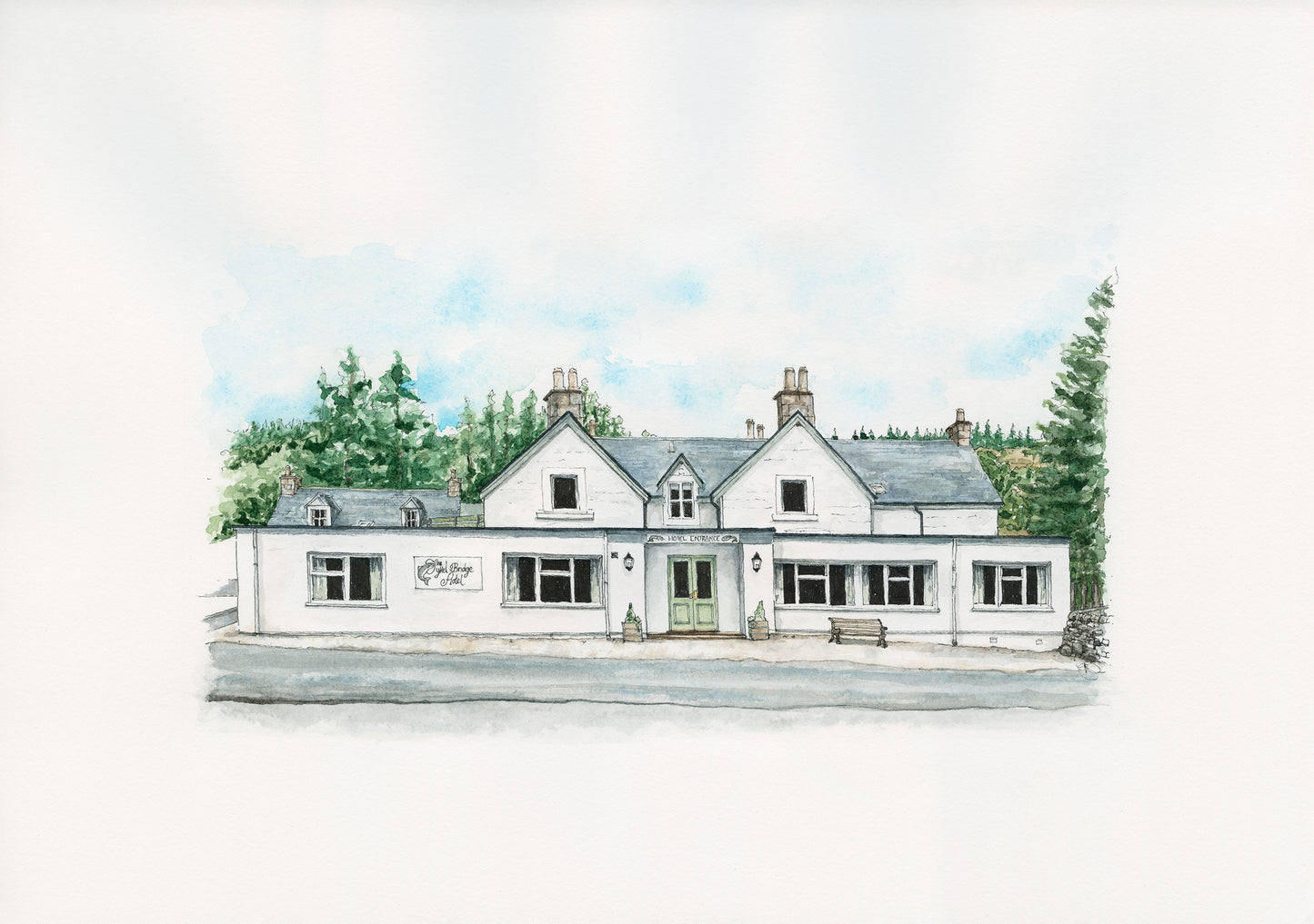 Watercolour - The Oykel Bridge Hotel, Scotland, Print