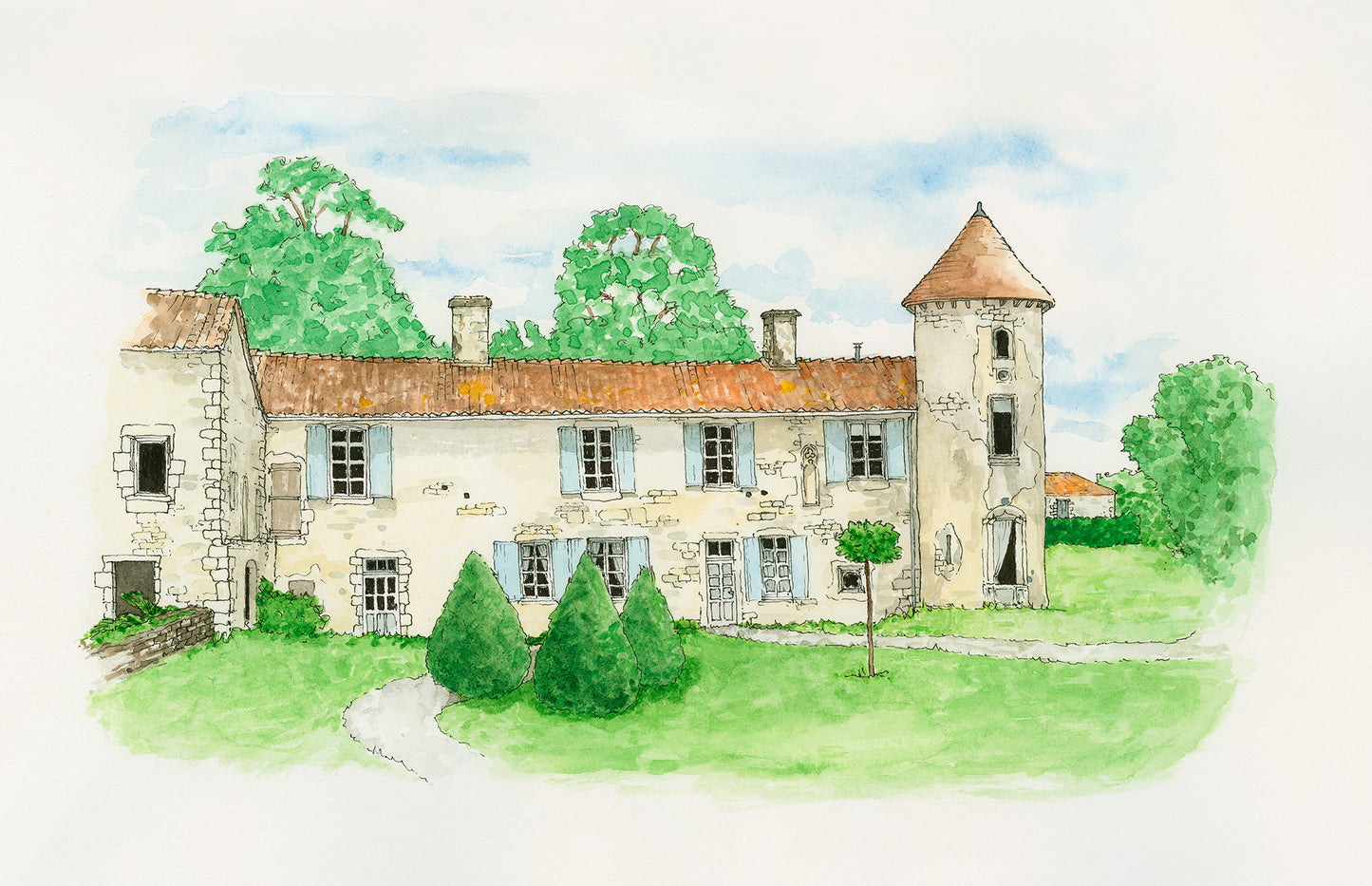 Watercolour - La Grande Maison, Tusson, France, Print