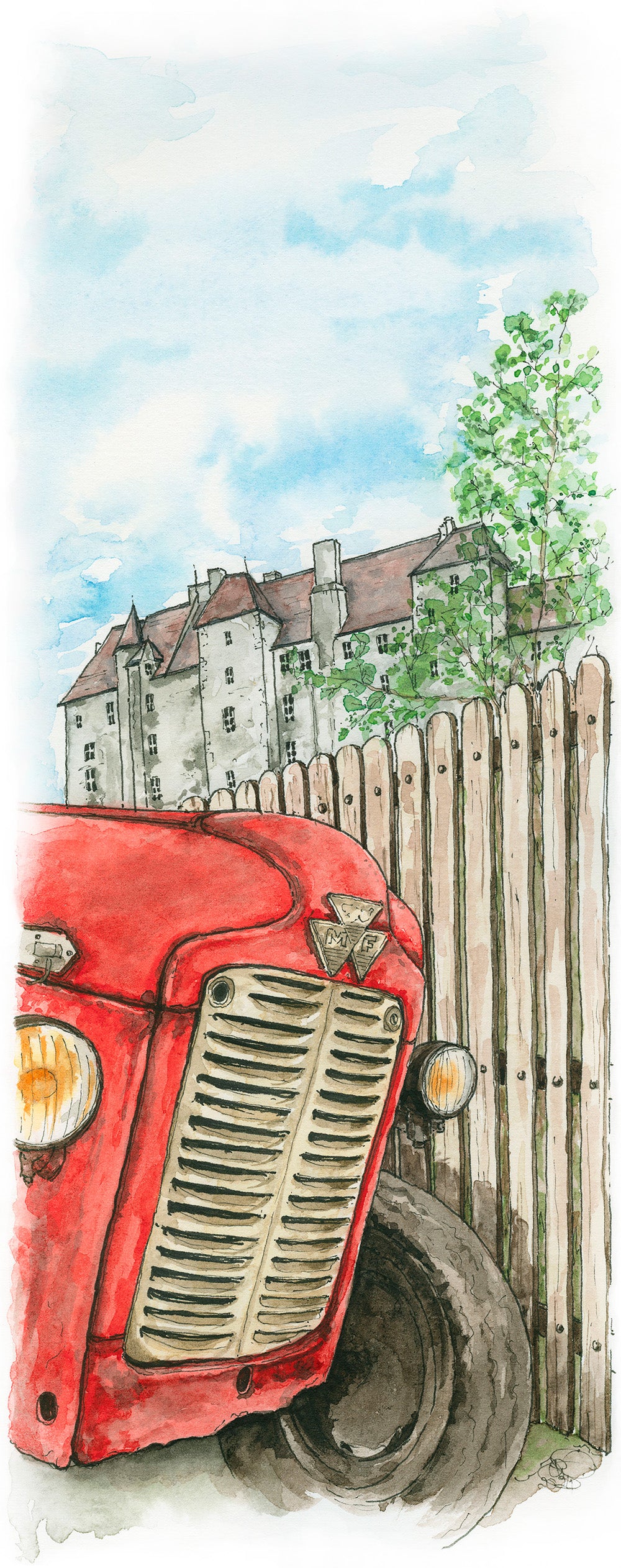 Watercolour - Le Tracteur Rouge et Le Chateau de Boussac, France, Print