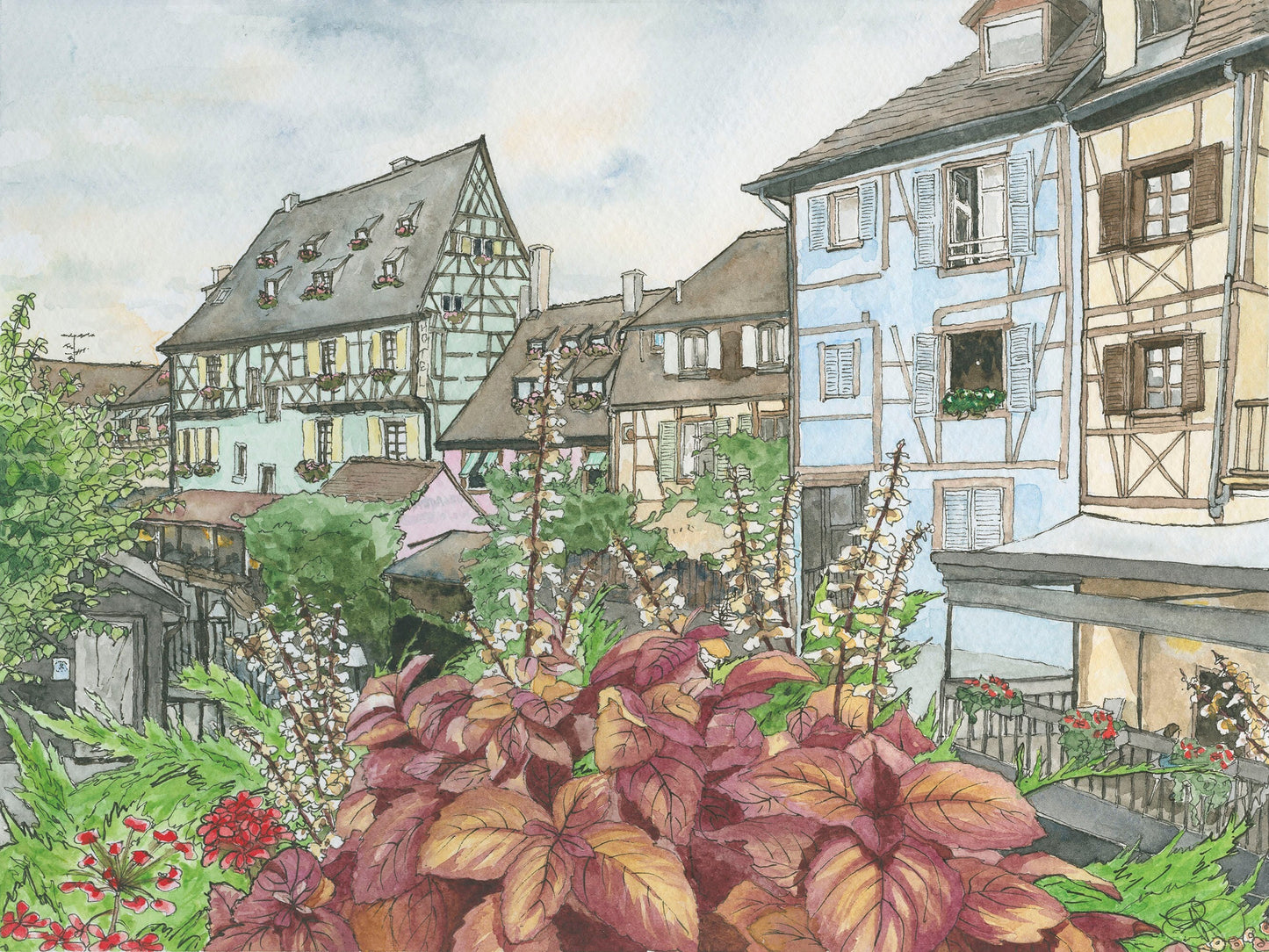 Watercolour - Little Venice, Colmar, France - Watercolour and Ink style Print