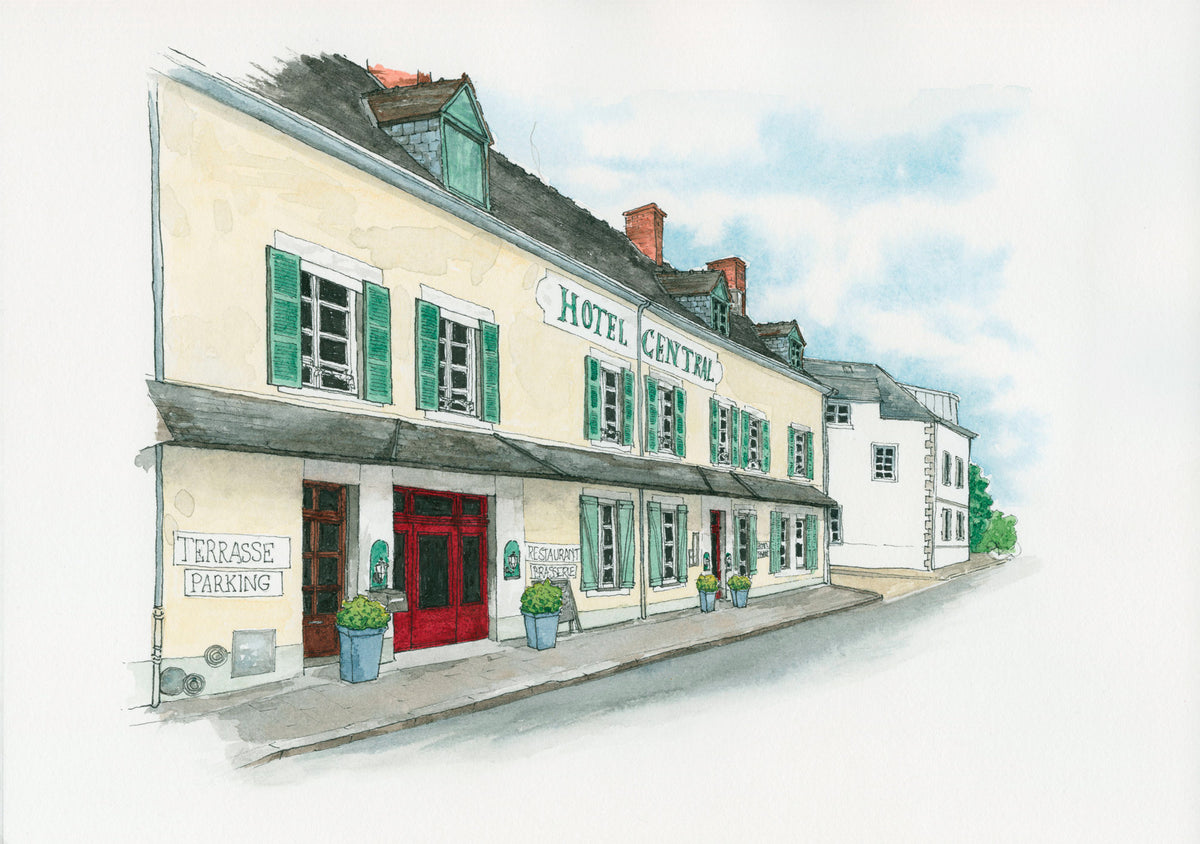 Watercolour - Hotel Central, Boussac, France, Watercolour and Ink style print