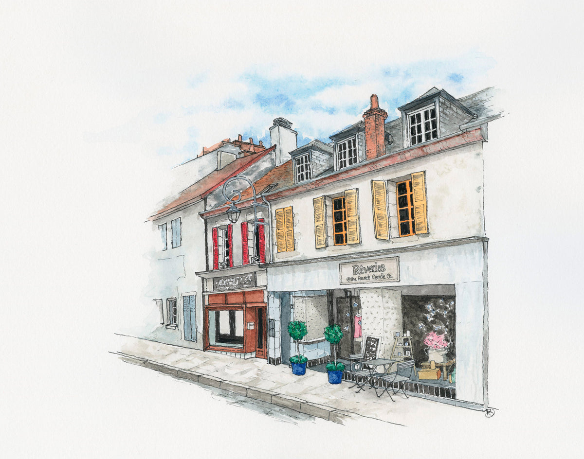 Watercolour - Rêveries Tea Room, Boussac, France, Watercolour and Ink style print