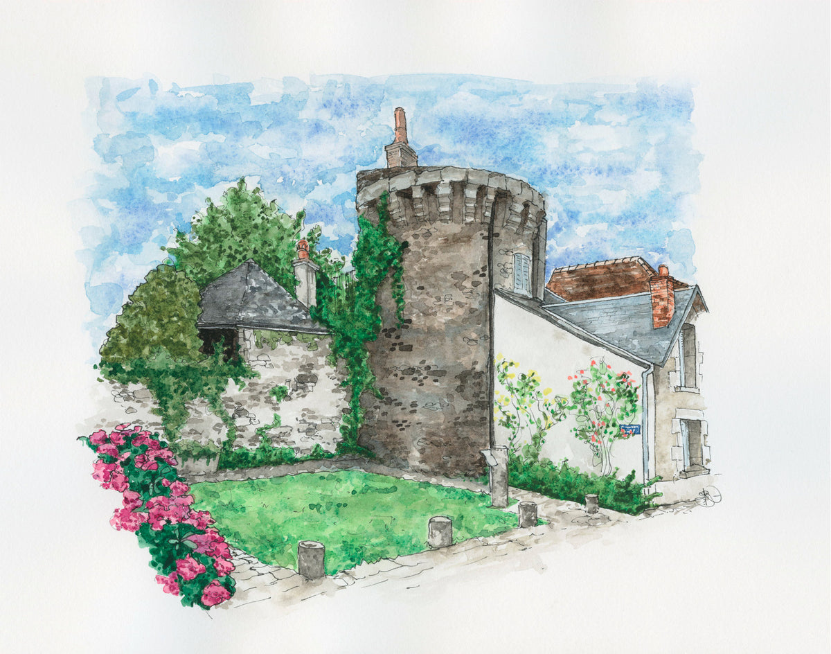 Watercolour - Rue des Fossés, Boussac, France, Watercolour and Ink style print