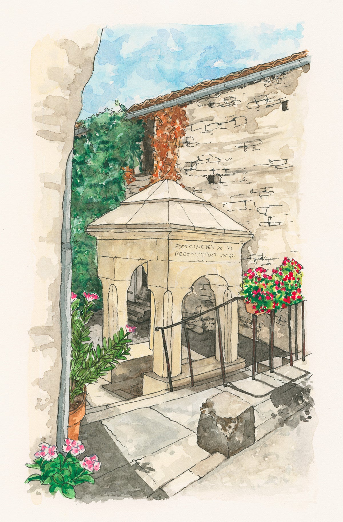Watercolour -La Fontaine Saint-Jean, Nanteuil-en-Vallée, France, Watercolour and Ink style print