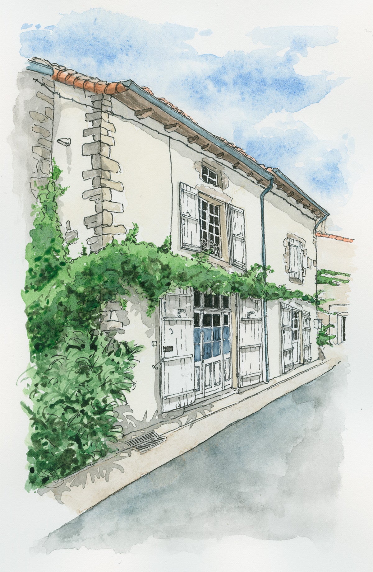 Watercolour - Maison Rue Guillaume le Noble, Nanteuil-en-Vallée, France, Watercolour and Ink style print