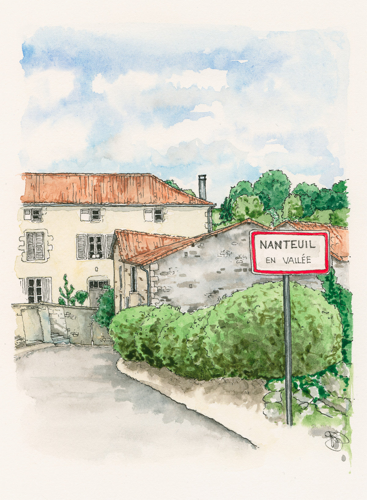 Watercolour - Nanteuil-en-Vallée, France, Watercolour and Ink style print