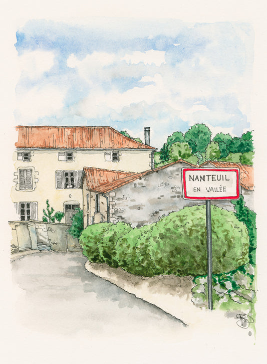 Watercolour - Nanteuil-en-Vallée, France, Watercolour and Ink style print