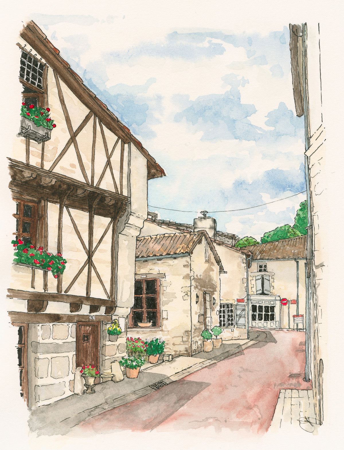 Watercolour -Rue Font Saint-Jean, Nanteuil-en-Vallée, France, Watercolour and Ink style print