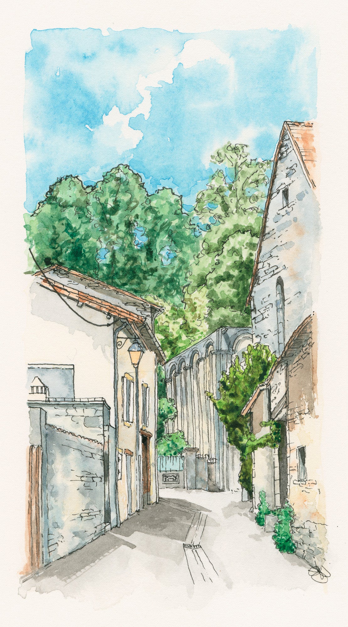 Watercolour -Rue de l'Abbaye, Nanteuil-en-Vallée, France, Watercolour and Ink style print