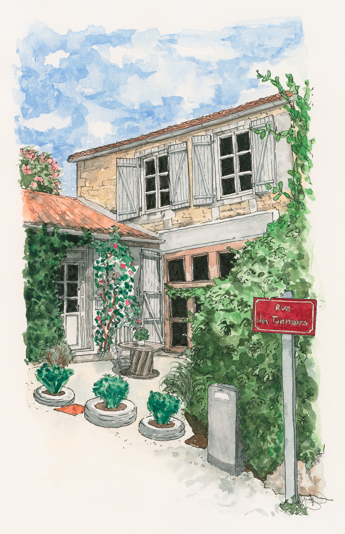 Watercolour - Rue des Tanneurs, Nanteuil-en-Vallée, France, Watercolour and Ink style print