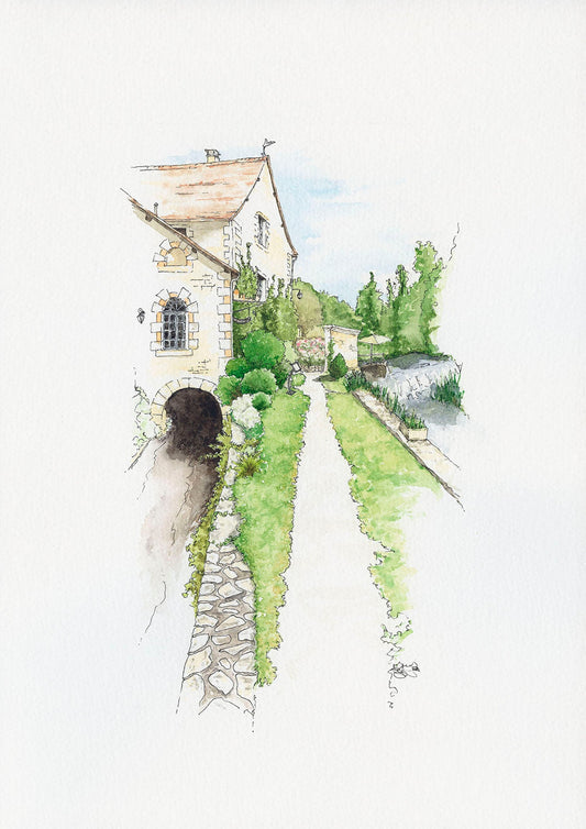 Verteuil Une, Verteuil, France - Watercolour and Ink style print