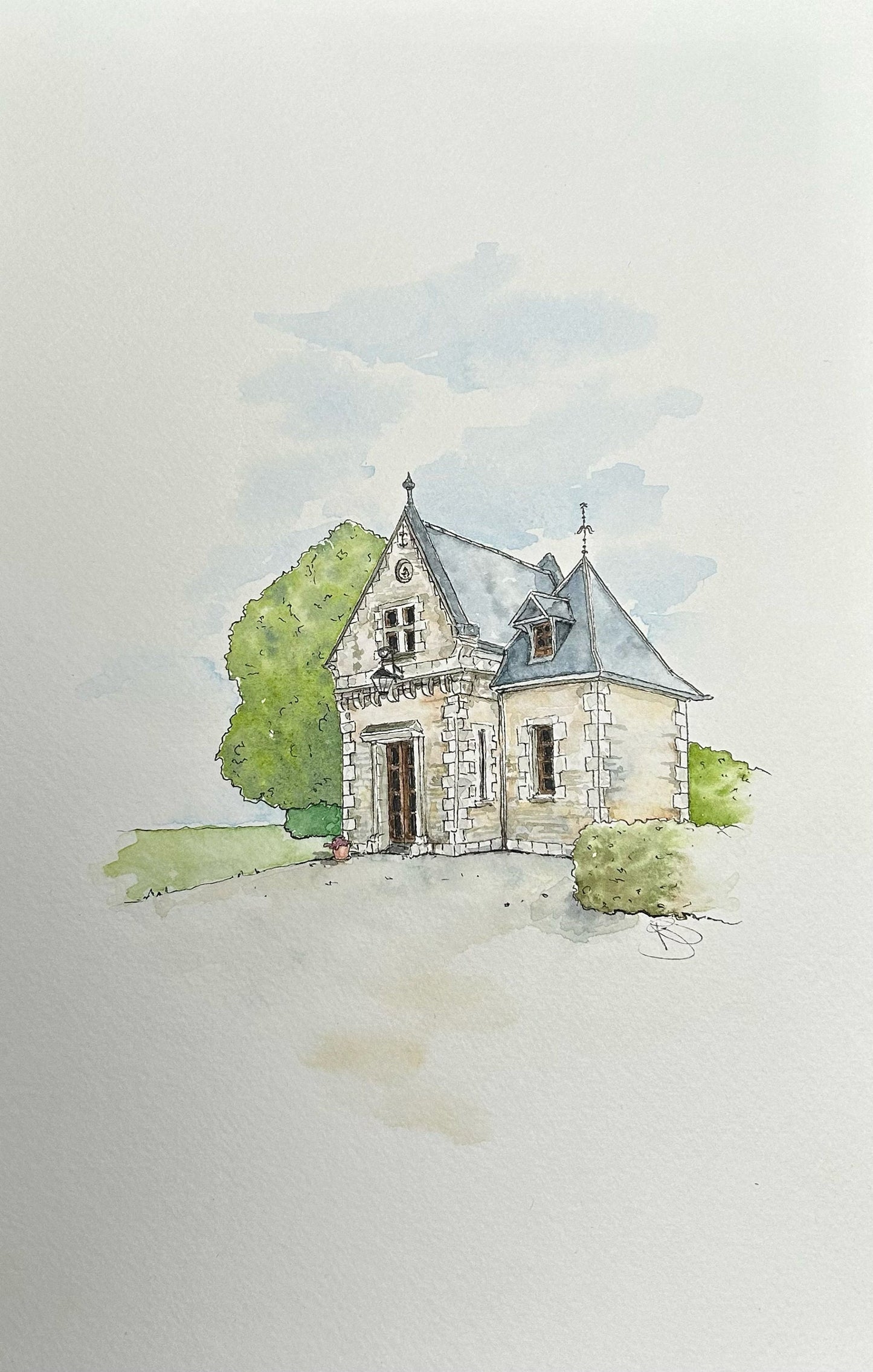 Verteuil Deux - Original Watercolour and Ink Painting of The Gate House, France.