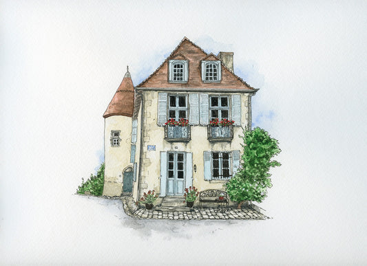 Maison de Boussac, France, Watercolour and Ink style print